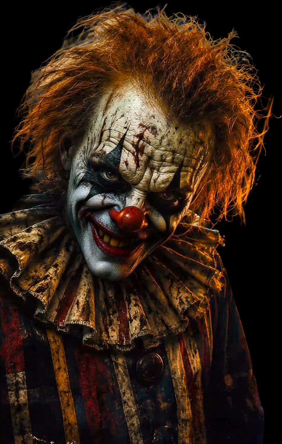 Payaso con el maquillaje agrietado y el cuello de volantes quemado, iluminado por el fuego.